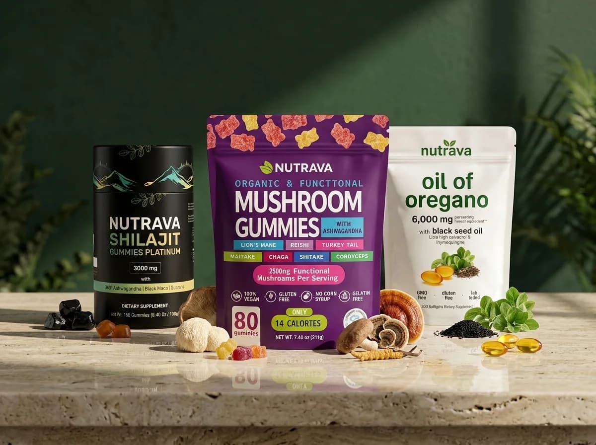 منتجات nutrava الثلاثة: أوريغانو، Mushroom Gummies، وشيلاجيت Gummies